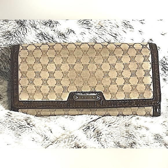 Celine Beige Macadam Canvas w/ Croc Embossed Leather French long Wallet-rare - Picture 1 of 16